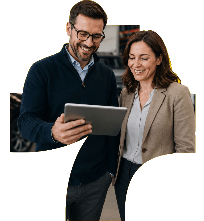 Deux entrepreneur·e·s consultent ensemble des informations sur une tablette